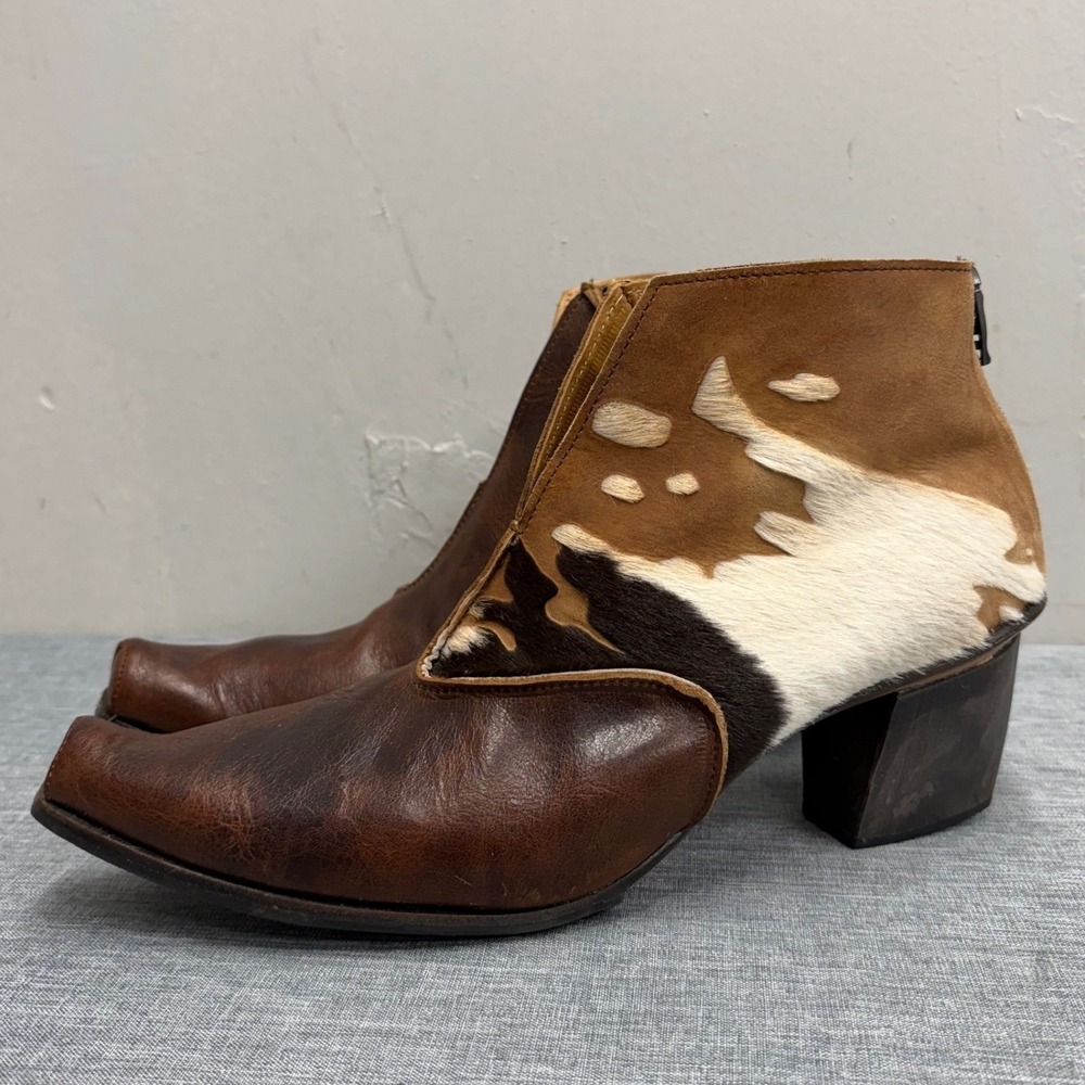Cydwoq Vintage Ankle Boots Women 39 Brown Leather Cowhide Pony Hair Square Toe